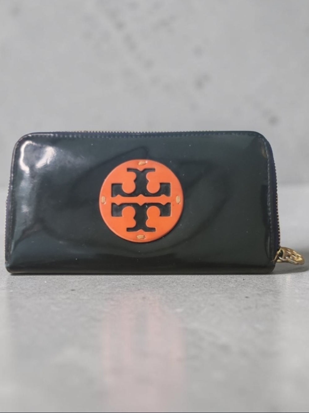 Tory Burch Black Patent Zip Continental Wallet with Orange Logo